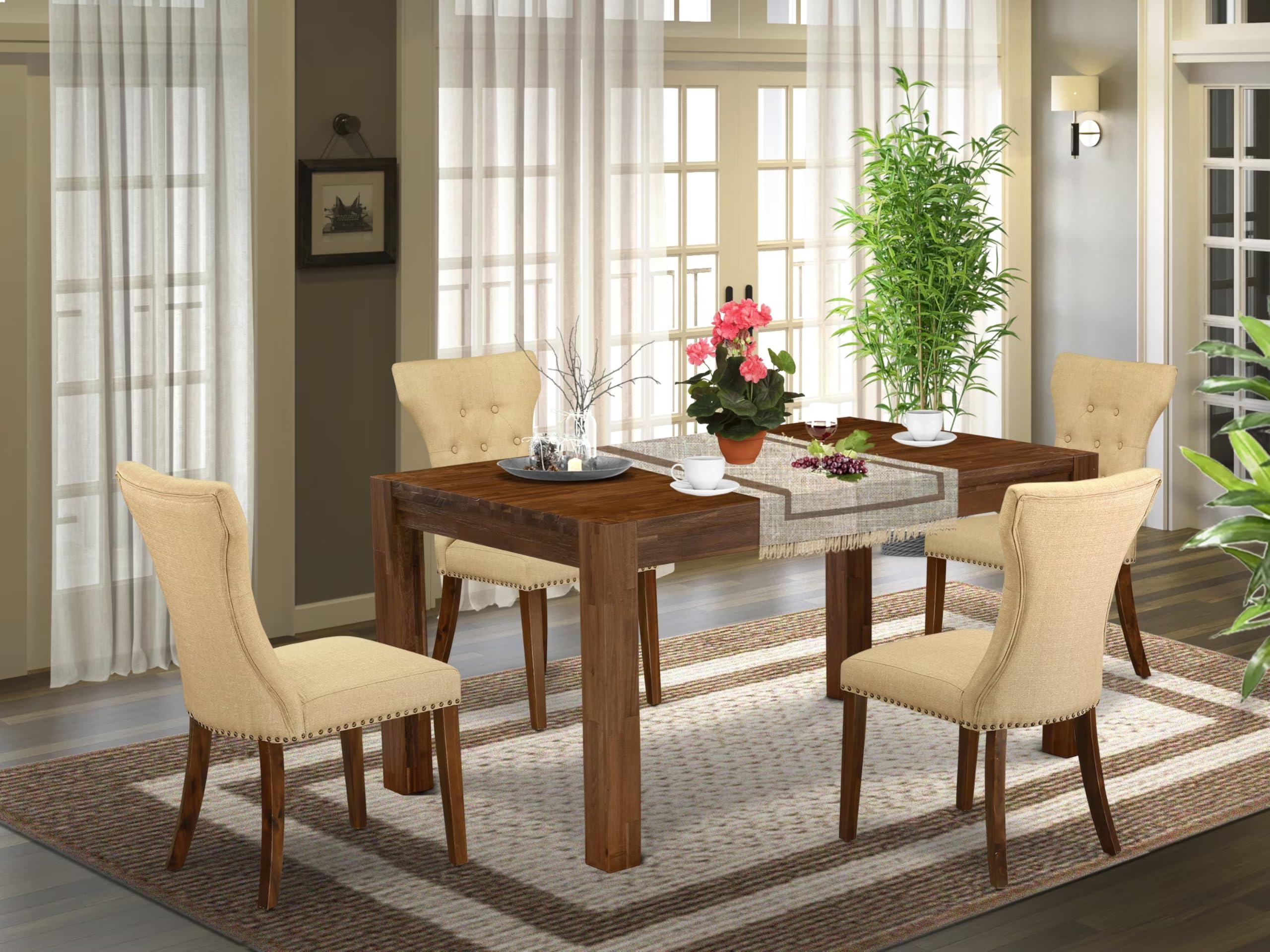 East West Furniture Cnga5-N8-03 5 Piece Modern Dining Table Set Includes A Rectangle Rustic Wood Wooden Table And 4 Brown Linen Fabric Upholstered Parson Chairs, 36X60 Inch, Natural